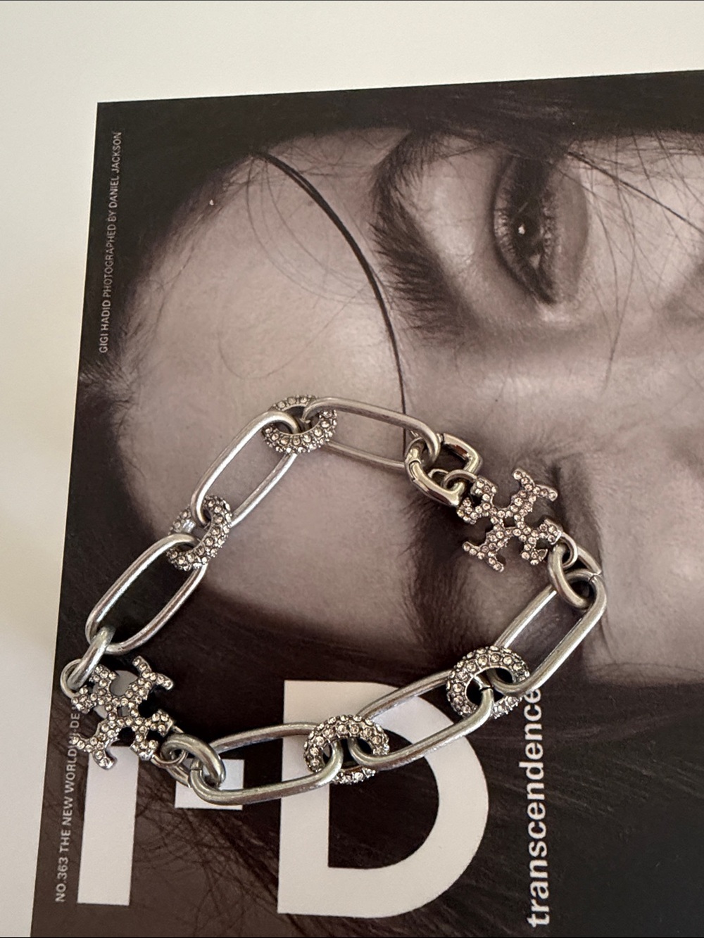 Tory Burch Silver Crystal Logo Link Bracelet